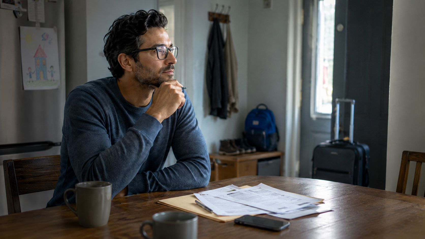 Man sitting at a kitchen table with legal paperwork, a child's drawing on the fridge and a suitcase by the door.