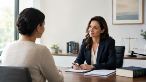Family lawyer meeting with a client to discuss an intimate partner violence claim